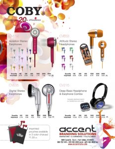 collection of custom branded coby earbuds