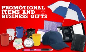 Collection of promotional products - umbellas, hats, wallets, mugs, notepads