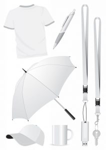 branded products in a collection - umbrellas, mugs, hats, t-shirts, etc.