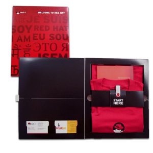 employee welcome kit for Red Hat which includes t-shirts and more