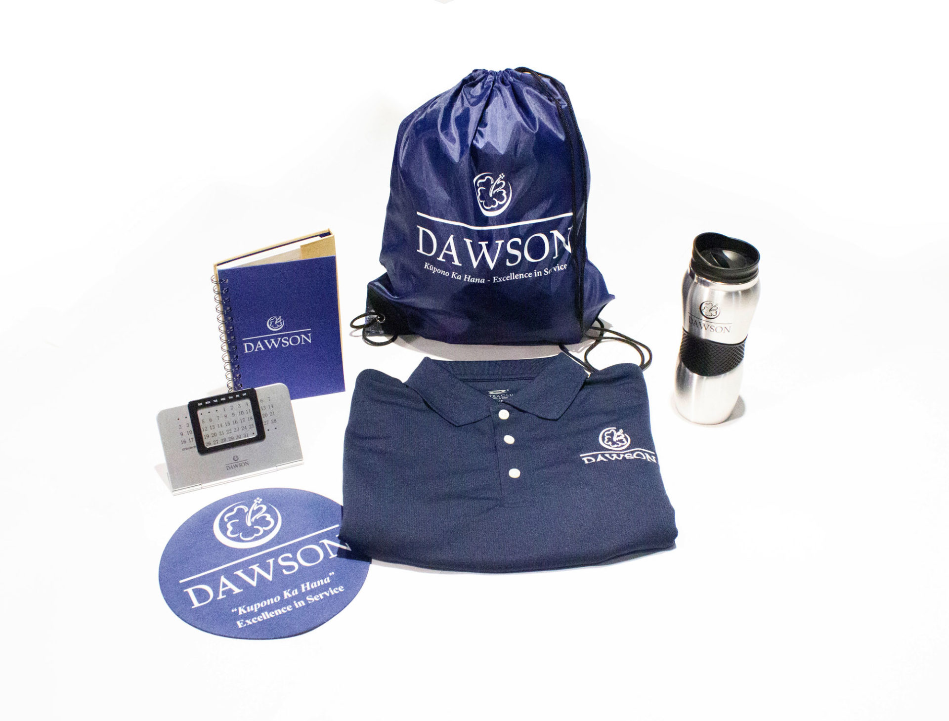 Custom Branded backpack, shirt, cup, mouse pad, notebook, calendar, and pen